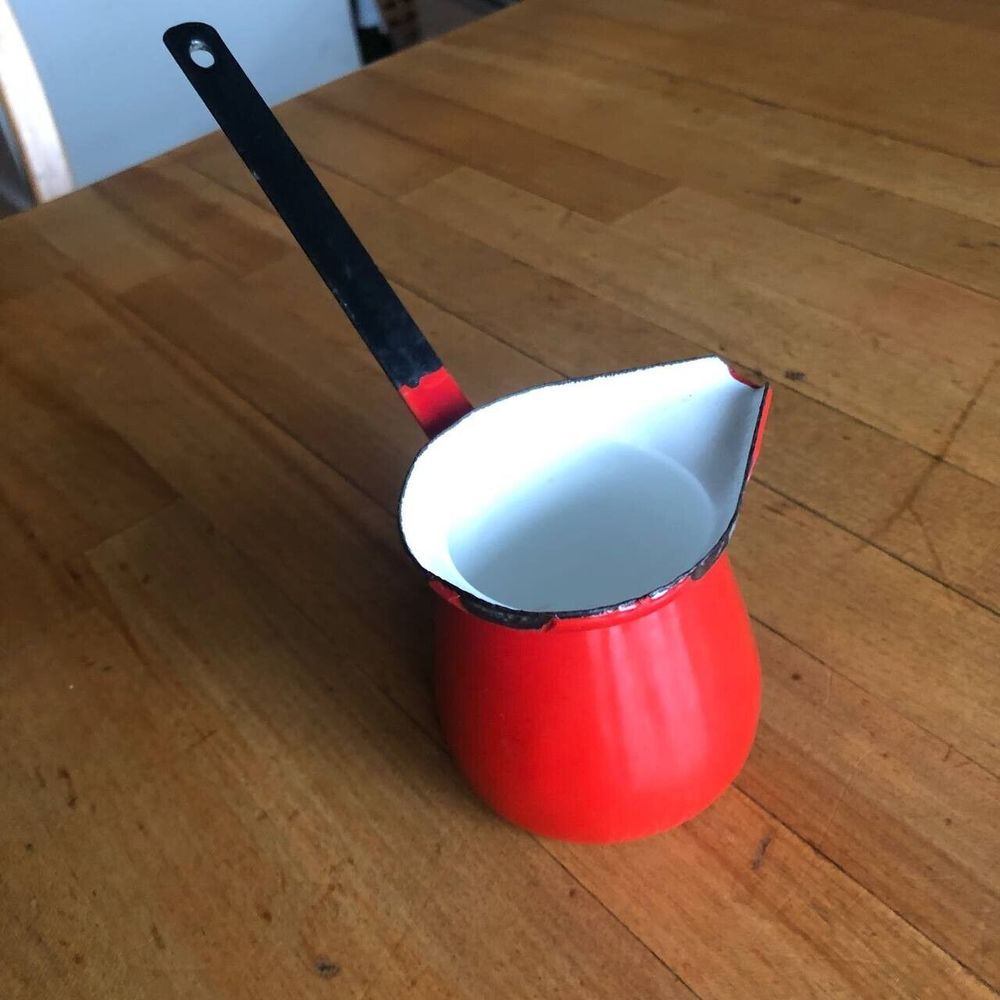 Vintage Miniature Enamel Red Dipper Pot w/ Spout Long Black Handle